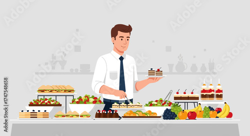 Man Selecting Desserts At A Buffet, Promoting Food Selections And Dietary Choices