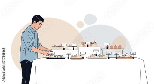 Man Selecting Food From a Buffet Showing Diverse Appetizing Culinary Options Perfectly Chosen