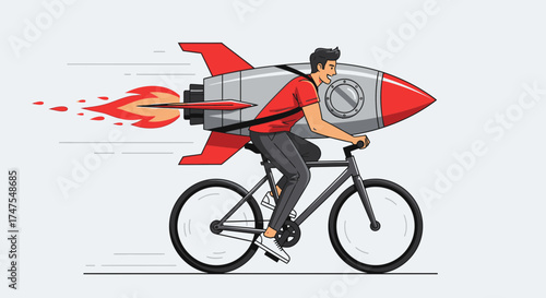 Man On Bicycle Flying With Rocket Booster Is Ready For The Journey Ahead