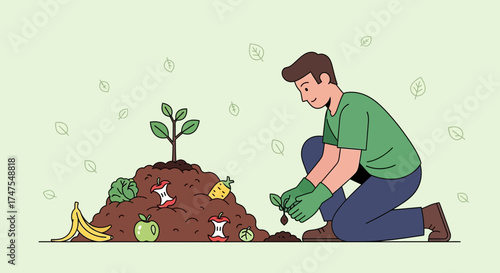 Man planting a small tree next to compost bin, environment concept, eco friendly gardening scene