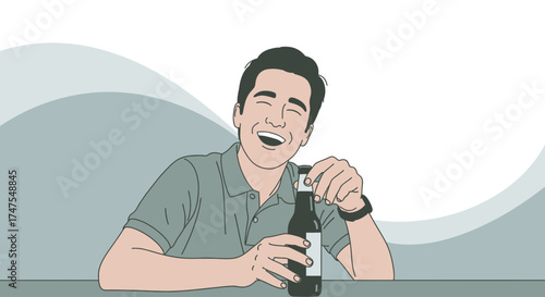 Man smiling and opening a beer bottle, vector illustration of happiness and joy
