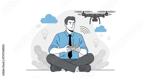 Man sitting operating drone through remote controller, flat illustration design concept