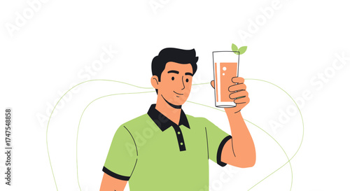 Man Smiling While Holding A Glass Of Refreshing Drink On A Plain Background