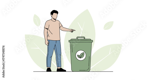 Man Points At A Waste Bin With Eco Leaf Symbol Reflecting Responsible Disposal