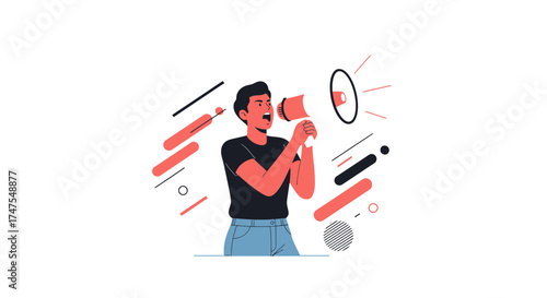 Man Speaking Loudly Into Megaphone Delivering Clear Message with Modern Geometric Shapes