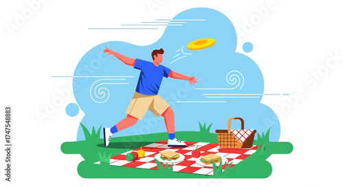 Man Playing Frisbee During A Picnic In Park, Having Fun With A Fun Game Outdoor