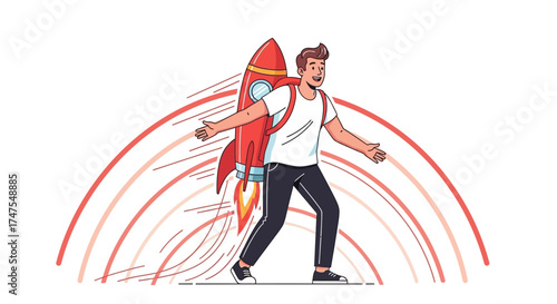 Man Soaring With Rocket Backpack Demonstrating Ambition, Startup, and Innovative Concepts