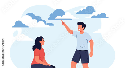 Man Pointing At The Sky While Woman Watches, With Cloud Motifs Overhead