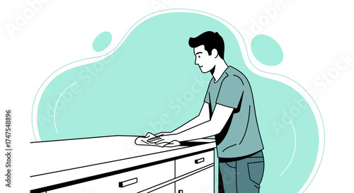 Man Polishing a Wooden Surface During Housekeeping In A Clean and Minimalistic Illustration