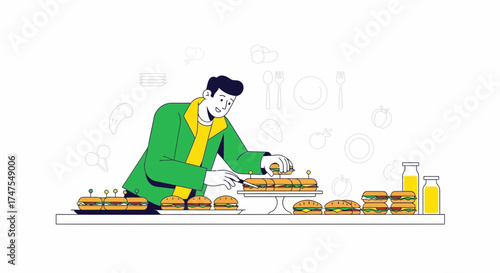 Man Preparing an Array of Sandwiches and Beverages for a Culinary Presentation