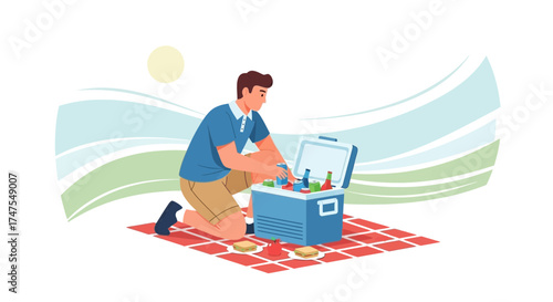 Man preparing a picnic with food and drinks in an outdoor setting on a sunny day