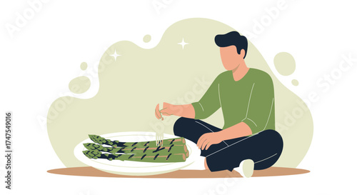 Man Preparing Asparagus on A Plate, Healthy Eating, Vegetarian, and Culinary Illustration