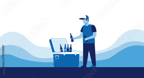 Man Preparing Beverages from A Cooler with A Blue Illustration of Refreshment