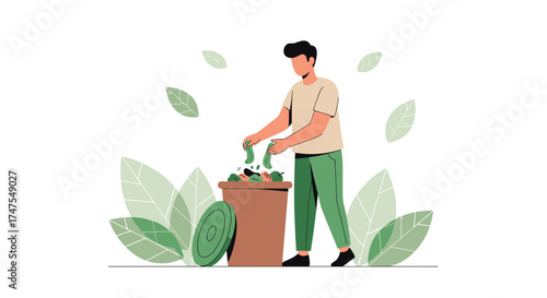 Man throwing food waste into a compost bin with leaves in the background