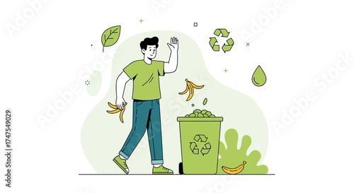Man throwing banana peels in recycling bin for environmental care illustration