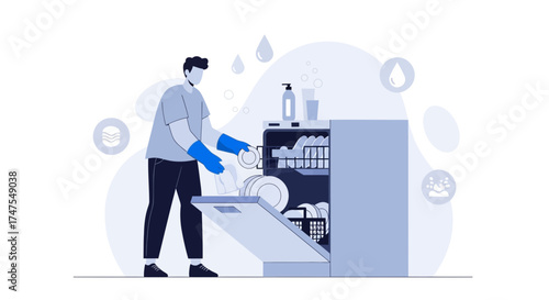 Man Unloads Dishwasher After Clean Plate Cycle In Bright, Minimalist Vector Illustration