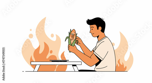 Man Preparing Corn On Fire With Playful Style And Delicious Culinary Delights