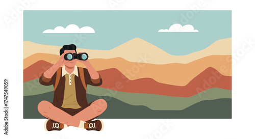 Man using binoculars enjoys a view in nature landscape illustration design