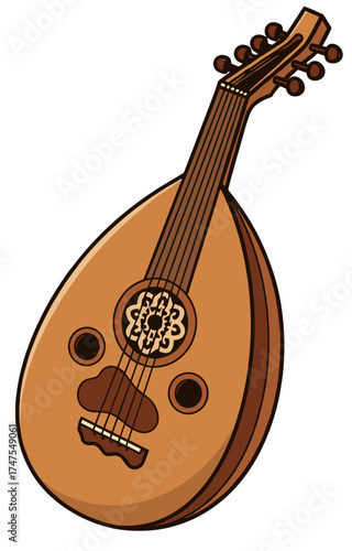 Vector of illustration oud musical instrument in cartoon style, plain backdrop.