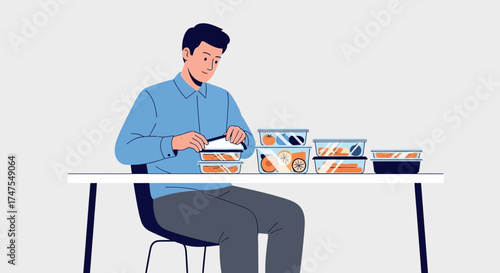 Man Preparing Food Containers For Meal Prepping And Healthy Eating Habit