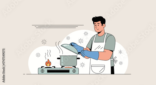 Man Preparing Food on a Stove and Lifting a Lid, Illustration Style Vector