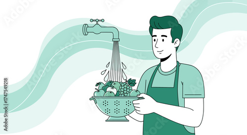 Man washing fresh fruits under a tap water in a colander in a flat illustration