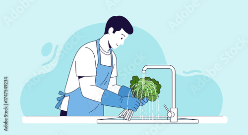 Man Washing Fresh Vegetables In The Kitchen Sink Preparing Meal for Healthy Lifestyle
