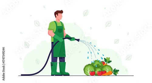 Man Watering Vegetable Garden, Cultivating Fresh Produce, Horticultural Activity Illustration