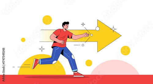 Man Pursuing Arrow Illustrates Progress, Direction, Opportunity, And Future Goals