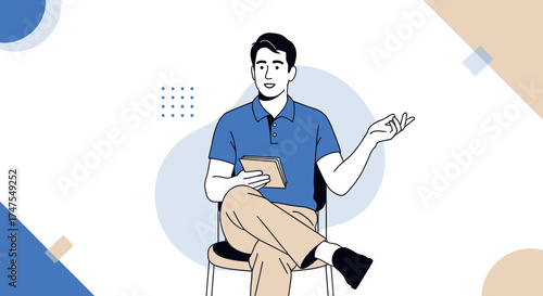Man Presenting While Holding Tablet Vector Illustration On White Background With Geometrical Shapes