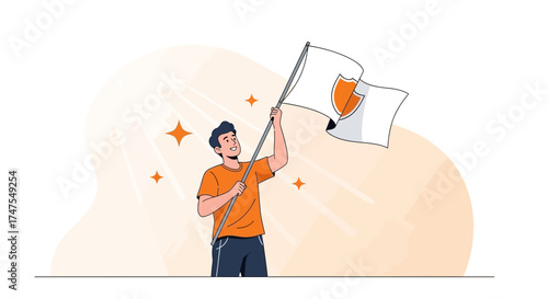 Man waving flag with shield symbol representing security or protection concept illustration