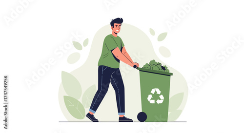 Man pushing a recycling bin representing environmental protection and sustainability practices