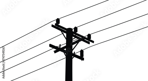 Electric utility pole with multiple power lines and insulators, black silhouette vector illustration, urban electricity distribution network design, energy transmission infrastructure concept