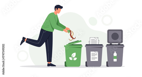Man Putting Trash Into a Recycling Bin, Conceptual Illustration of Waste Sorting