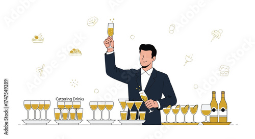 Man Raising Champagne Glass Toasting Drinks Celebrating Event Featuring Catering Drinks