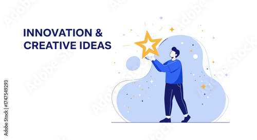 Man Reaching For A Glowing Star Symbolizing Bright Ideas And Innovation In The Sky