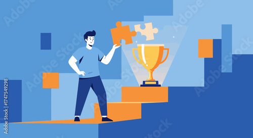 Man with a puzzle piece reaching a goal and a trophy representing success and achievement