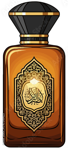 Flat oud perfume bottle vector icon with decorative details, isolated on white.