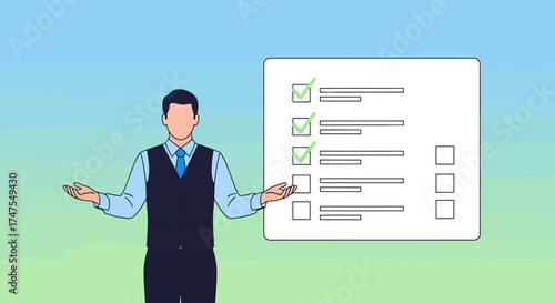 Manager Presenting Checklist, Demonstrating Task Completion, Illustration of Successful Progress