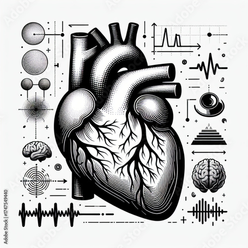 Anatomical Heart Illustration: A detailed grayscale illustration of the human heart, showcasing the intricate vascular network and surrounded by scientific diagrams.