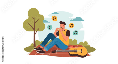 Man Relaxes And Eats Amidst Nature While Enjoying Music And Harmony