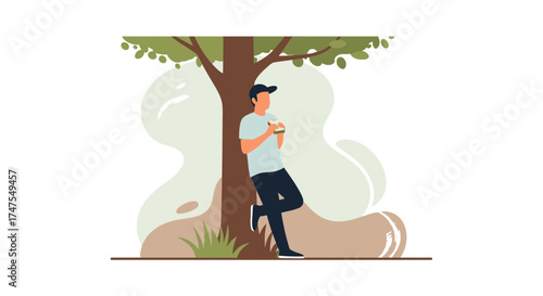 Man Relaxing Beside Tree With Burger In Hand, Enjoying The Outdoors, Modern Vector Illustration