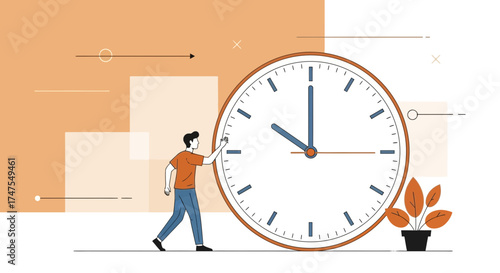 Manipulating Time: A Person Adjusting Big Clock's Hand with Plants and Orange Hue
