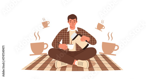 Man relaxing on a blanket, pouring coffee, enjoying a moment of relaxation and simplicity