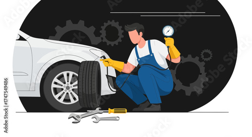 Mechanic Checking Tire Pressure On Car While Performing Maintenance Services