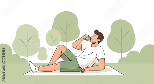 Man relaxing in the park and drinking with trees in the background resting time