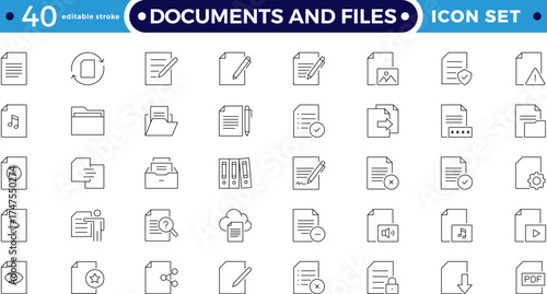Document and folder outline icons. Includes file, clipboard, archive, certificate, resume, report, and office symbols. Modern business administration. Editable stroke outline icon.
