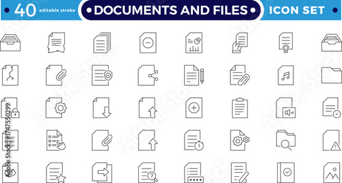 Document and folder outline icons. Includes file, clipboard, archive, certificate, resume, report, and office symbols. Modern business administration. Editable stroke outline icon.
