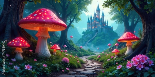 Winding Path Through Enchanted Forest Giant Mushrooms, Luminous Flora, and a Distant Mysterious Castle. Perfect for Fantasy, Fairytale, and Magical Themes.