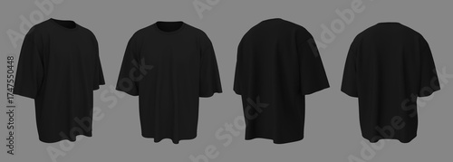 Blank oversized short sleeve t-shirt mockup in front, side, and back view, 3D render
